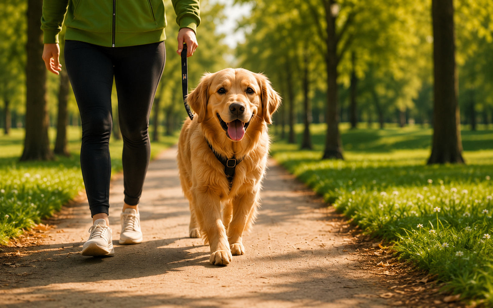 Personne promenant un chien en laisse en extérieur