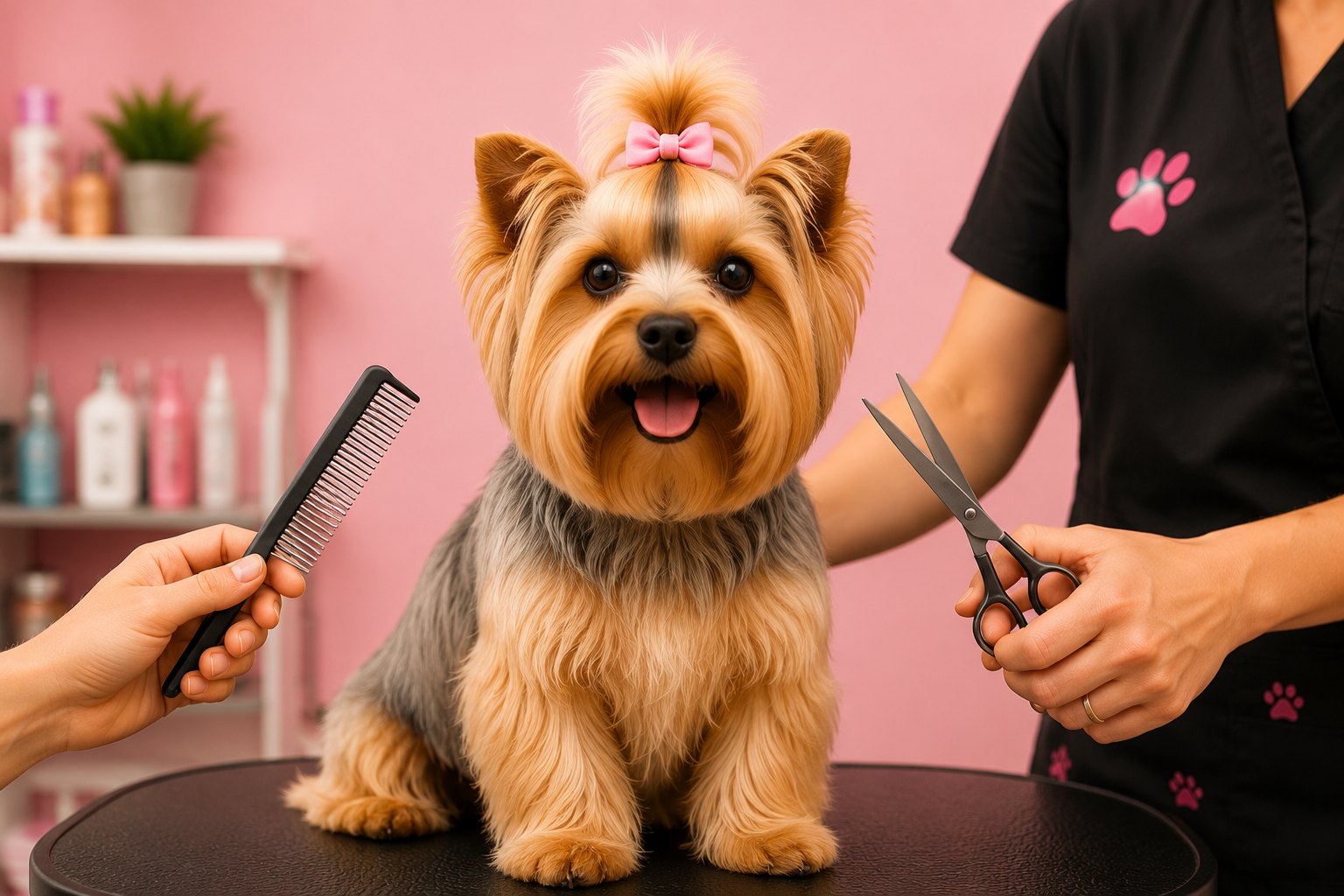 Chien en train d'être toiletté par un professionnel