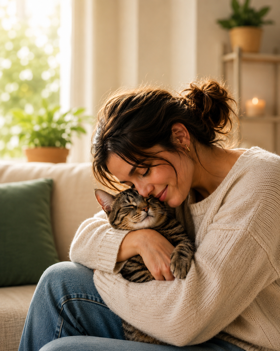 Une personne câlinant tendrement un chat, moment de complicité rassurant